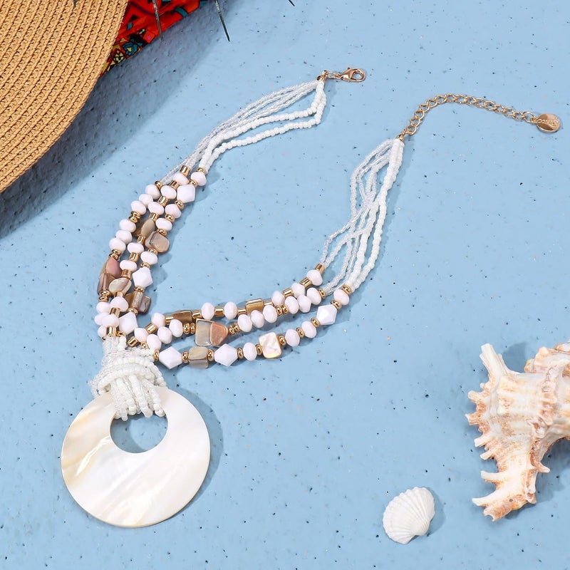 Coiris Shell Pendant Statement Strand Necklace for Women Boho Multi Beads Natural Stone Colorful Necklace Bohemian Handmade Chunky Shell Beaded Collar Jewelry for Women - Image 5